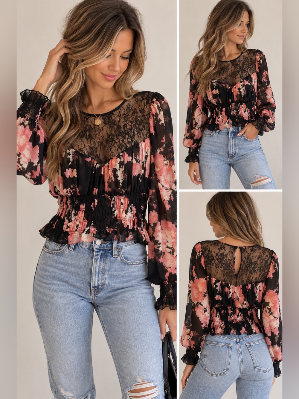 Free People Black Floral Lace Yoke Smocked Blouse